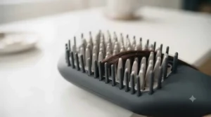 A person with thick hair quickly gliding the straightening brush through a large section, demonstrating how to achieve a salon-quality, frizz-free look in minutes.