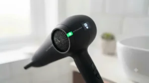 A side profile of a hair dryer showcasing the cool shot feature, designed to set styles and add shine.
