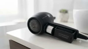 A hair dryer with the easy-clean filter system open, demonstrating simple maintenance for optimal performance.