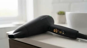 A professional hair dryer resting on a vanity, showing the digital temperature display set to 65°C for heat control.