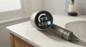 Detailed view of the LED display and adjustable heat and speed controls on a professional hairdryer.