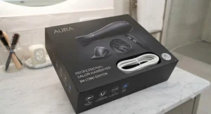 Retail packaging for the hairdryer highlighting the inclusion of the 3m power cord.