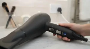 Close-up of the heat and speed controls on the hairdryer with a 3m cord.