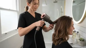 A professional hairstylist using the swivel cord hairdryer to style a client's hair, demonstrating the ease of movement and tangle-free design at the vanity.