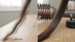 Before and after comparison showing frizz-free, smooth hair styled using a hot air straightening brush.