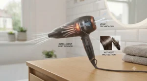 Diagram showing how a thermal protection hairdryer maintains consistent heat to prevent hair damage.