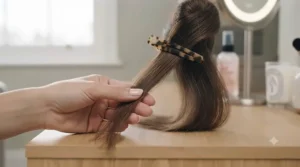 Sectioning dry hair with hair clips before starting to use a hot air straightening brush.