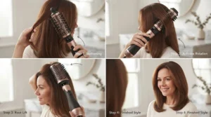 Step-by-step diagram showing how to wrap hair around a rotating hot air brush for volume.