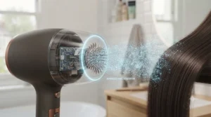 Visual representation of ionic technology integrated into a thermal protection hairdryer for faster, gentler drying.