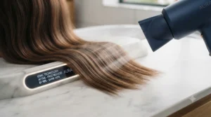 An ergonomic hair dryer demonstrating ionic technology to reduce frizz and add shine to hair.