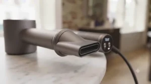 Using the concentrator nozzle on a long cord hair dryer for a smooth, sleek finish.