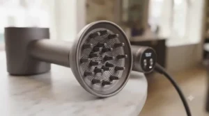 A long cord hair dryer with a diffuser attachment for enhancing natural curls.