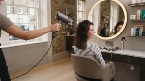 Close-up showing the extended length of the long cord hair dryer for easier styling reach.