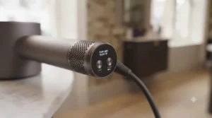 Displaying the multiple heat and speed settings on a high-performance long cord hair dryer.