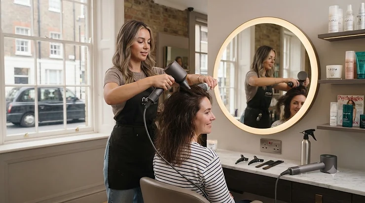 A professional long cord hair dryer being used for salon-quality styling at home. long cord hair dryer