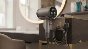 A long cord hair dryer hanging by its storage hook for tidy bathroom organisation.