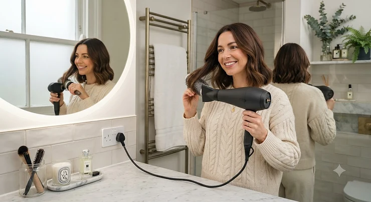 A professional-grade hairdryer featuring a long 3m cord for easy styling at home. hair dryer 3m cord