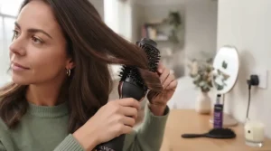 Styling technique showing curled ends created with the Revlon rotating hot air brush.