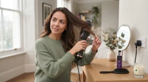 Person using the Revlon rotating hot air brush to smooth and add volume to long hair.