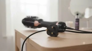 The Revlon hot air brush featuring a standard UK three-pin plug for safety.