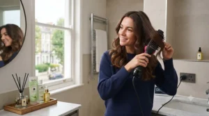 Woman styling her hair at home with the Revlon One Step hair dryer for a quick morning blow dry.