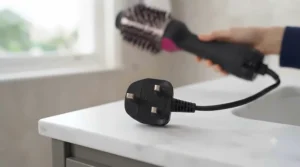 Standard UK 3-pin plug attached to the power cord of the authentic Revlon One Step hair dryer.