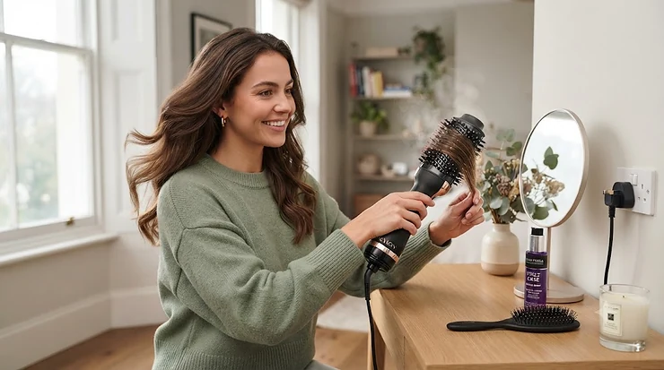 Revlon rotating hot air brush creating a professional salon-style blow-dry at home. revlon rotating hot air brush