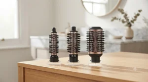Close-up of various barrel attachments for a rotating hot air brush to create different curl sizes.