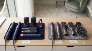 Complete set of styling attachments and barrels laid out for the Shark FlexStyle and Dyson Airwrap.