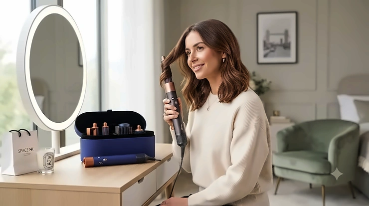 Side-by-side comparison of the Shark FlexStyle and Dyson Airwrap hair stylisers on a modern vanity unit. shark flexstyle vs dyson airwrap