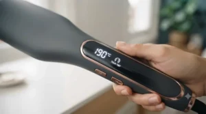 Detailed view of the LED temperature control panel on the rose gold and grey straightening brush, clearly displaying a '190°C' setting suitable for thick hair.