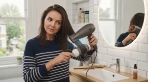 A person styling their hair safely using a thermal protection hairdryer and a round brush.