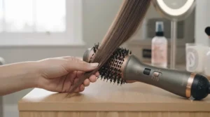 Gliding a hot air straightening brush slowly from roots to ends for a sleek, salon-quality blow-dry.