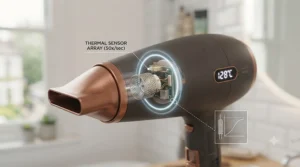 Close-up view of the intelligent heat-sensing sensor found in premium thermal protection hairdryers.