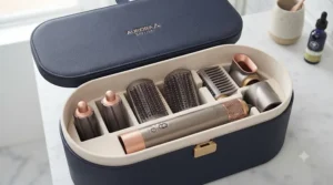 Premium presentation storage and travel case neatly holding an all-in-one hair styling tool alongside all its modular attachments.