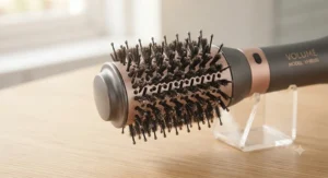 Close-up of the ceramic-coated barrel and multi-layered bristles of the volumising hot air brush, highlighting the design for grip and smoothness.