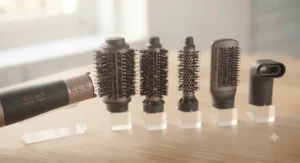 Flat lay presentation of the complete volumising hot air brush kit, including the main handle, large volumising barrel, smoothing brush, and concentrator nozzle, arranged neatly on a surface.
