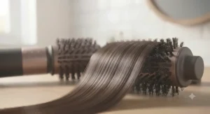 A macro shot of a glossy section of brunette hair draped over the barrel of the volumising hot air brush, demonstrating the smooth, shiny, frizz-free finish.