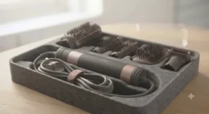 The volumising hot air brush and all its attachments neatly organised within a custom-molded grey felt storage tray on a wooden vanity.