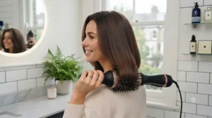 Model with a stylish bob haircut achieving sleek, turned-in ends with a compact 2 in 1 hair dryer brush.