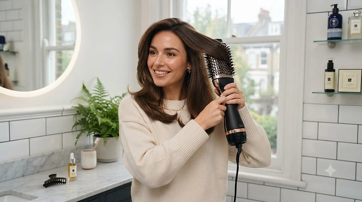 Woman with glossy, blow-dried hair smiling while styling her locks with a black and rose gold 2 in 1 hair dryer brush.