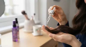 Applying a few drops of lightweight anti-frizz serum to freshly straightened hair.