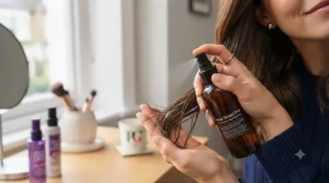 Woman spraying heat protectant spray onto damp hair before using ionic straighteners.