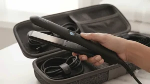 Safety indicator light showing the automatic shut-off feature on a hair straightening iron.