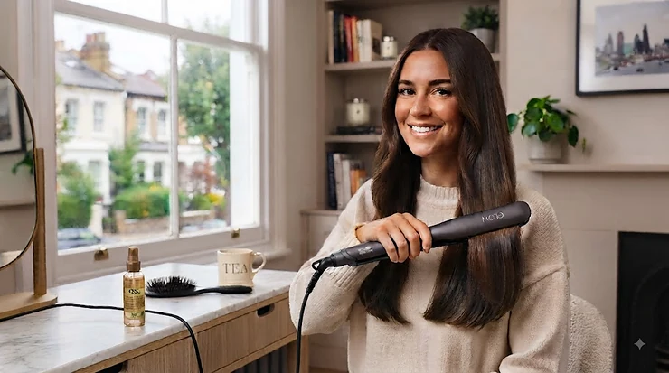 Woman with smooth, glossy straightened thick hair smiling in a modern UK salon. hair straighteners for thick hair