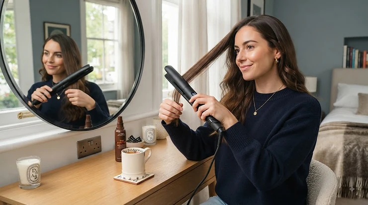 A modern British woman using a premium hair straightener with a clear temperature display to style her long brown hair in a naturally lit bedroom. best hair straighteners
