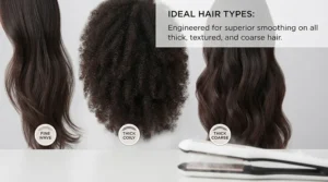 Chart displaying afro, curly, and thick wavy hair types suited for steam smoothing.