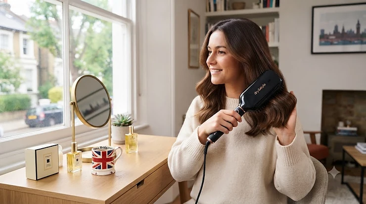 A woman styling her hair with a sleek black paddle brush hair dryer in a modern British bathroom. paddle brush hair dryer