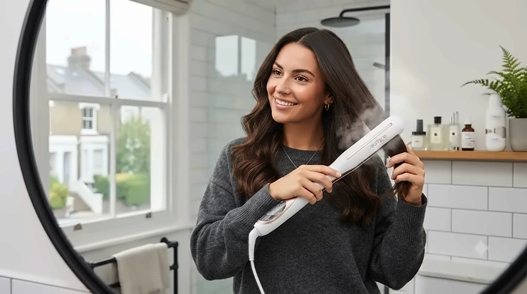Woman with smooth, glossy thick hair using a professional steam hair straightener at home. steam straighteners for thick hair