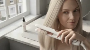 Woman with fine, blonde hair styling her locks gently using a ceramic hair straightener.